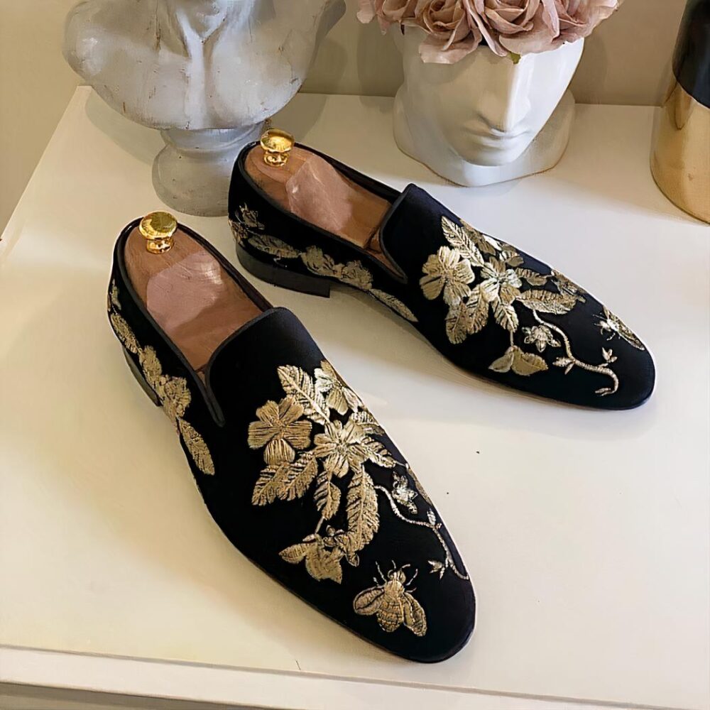 Black velvet loafers with gold floral embroidery - Image 2