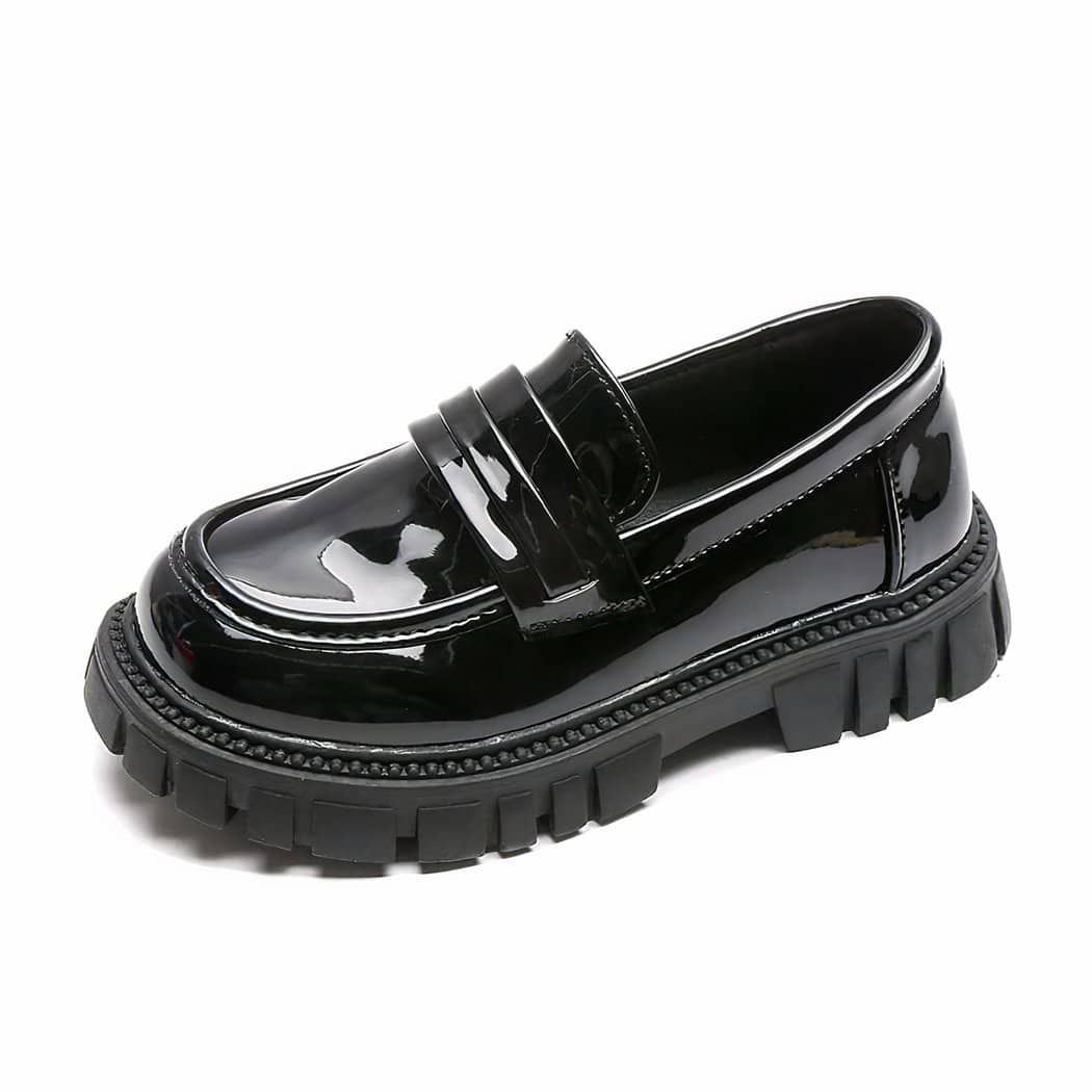 Shiny black spring moccasins for boys