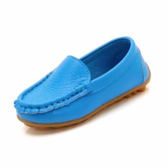 blue faux leather moccasin for girls on a white background