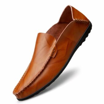 Brown leather loafer with bias binding