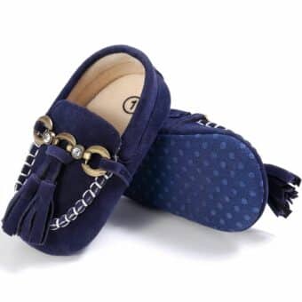 baby moccasin in blue suede with tassel on front