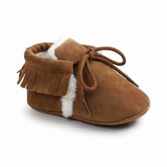 brown moccasin in faux suede with fleece lining