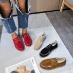 moccasin in different colors with women's feet and a book