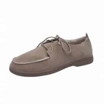Beige suede lace-up loafer with fleece interior on a white background