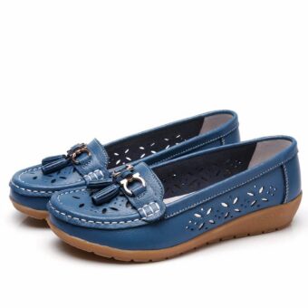 Blue openwork loafers on a white background.