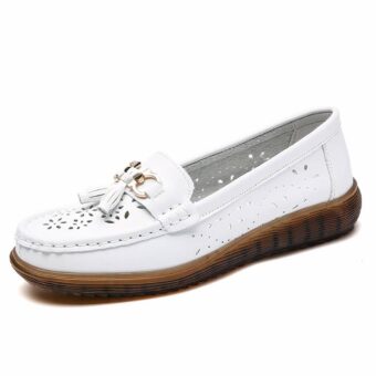 white leather moccasin with tassel above on a white background