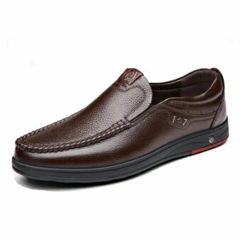 Photo of a men's brown leather orthopedic moccasin with thick sole.