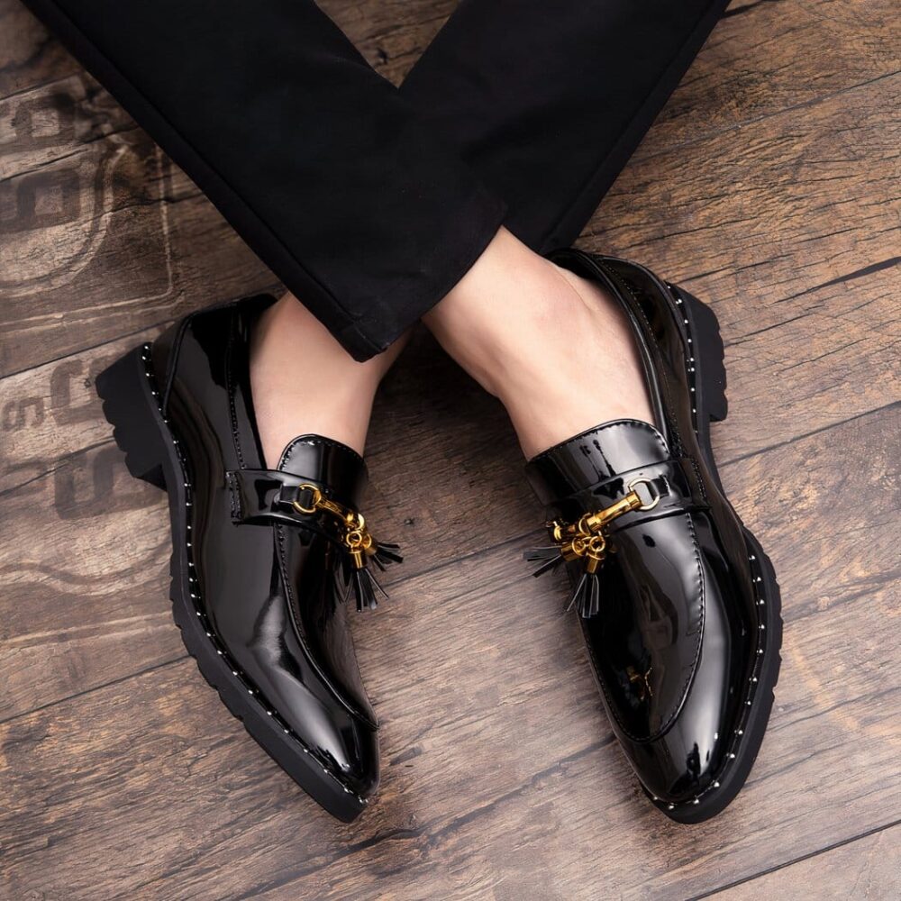 Patent tassel loafers with gold buckle for men - Image 3