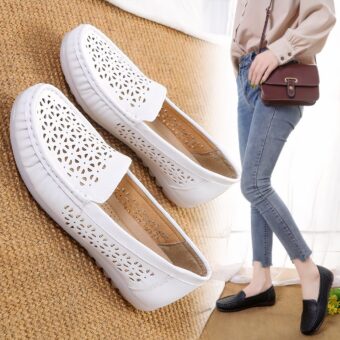 Soft white openwork loafers on a beige coc floor with photo of a woman on the right wearing the model in black with blue jeans, a beige shirt and a shoulder bag