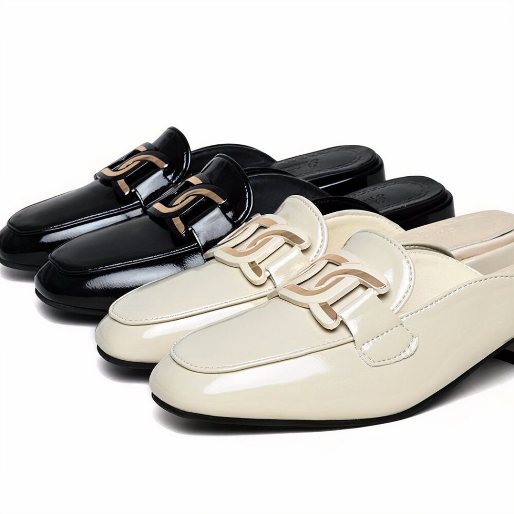 Two pairs of square-heeled moccasins in shiny beige and black