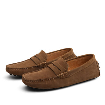 Men's brown loafers on white background