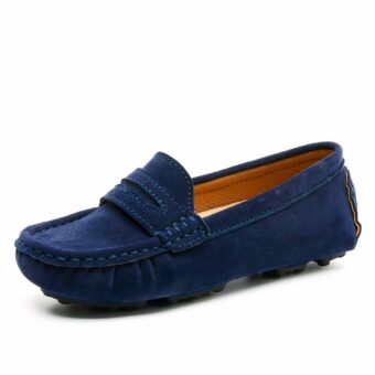 Dark blue suede loafer with black sole on white background