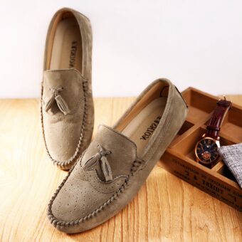 Men's beige suede summer loafers with wooden bottom