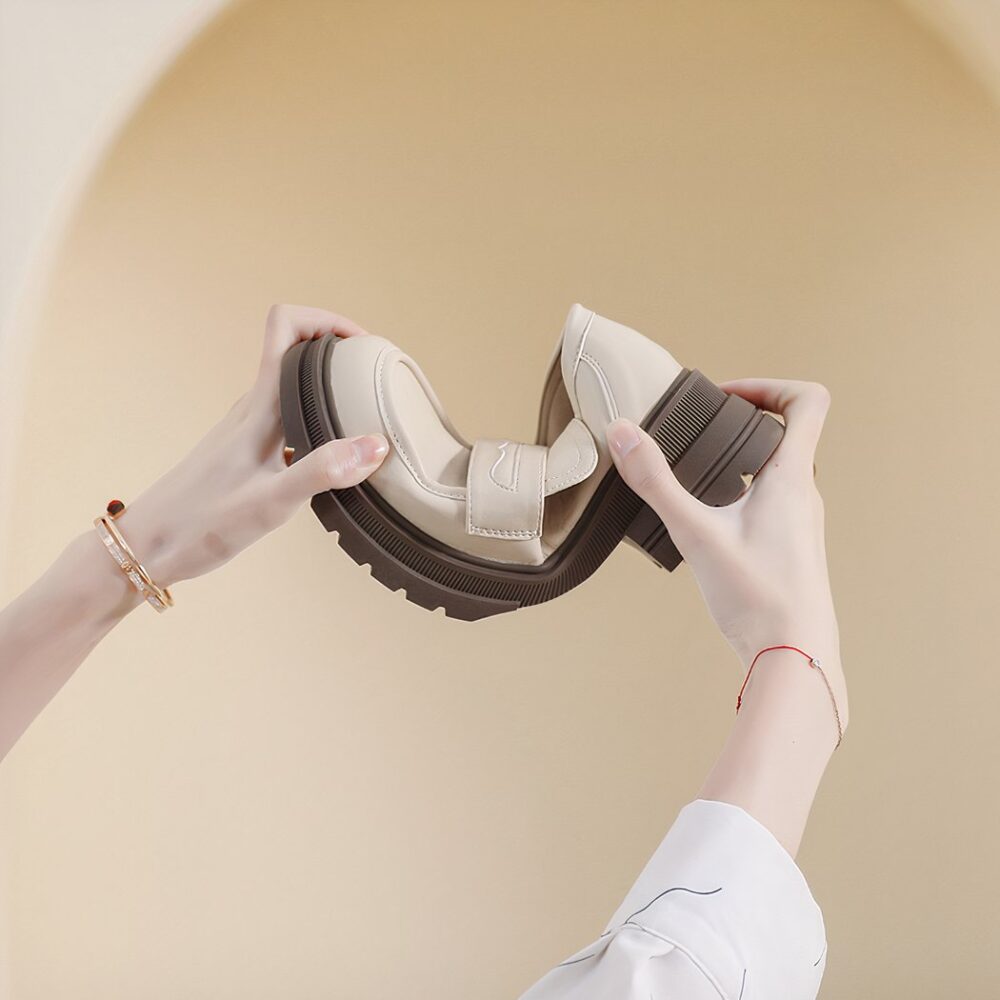 Beige Leather platform loafers for women - Image 3
