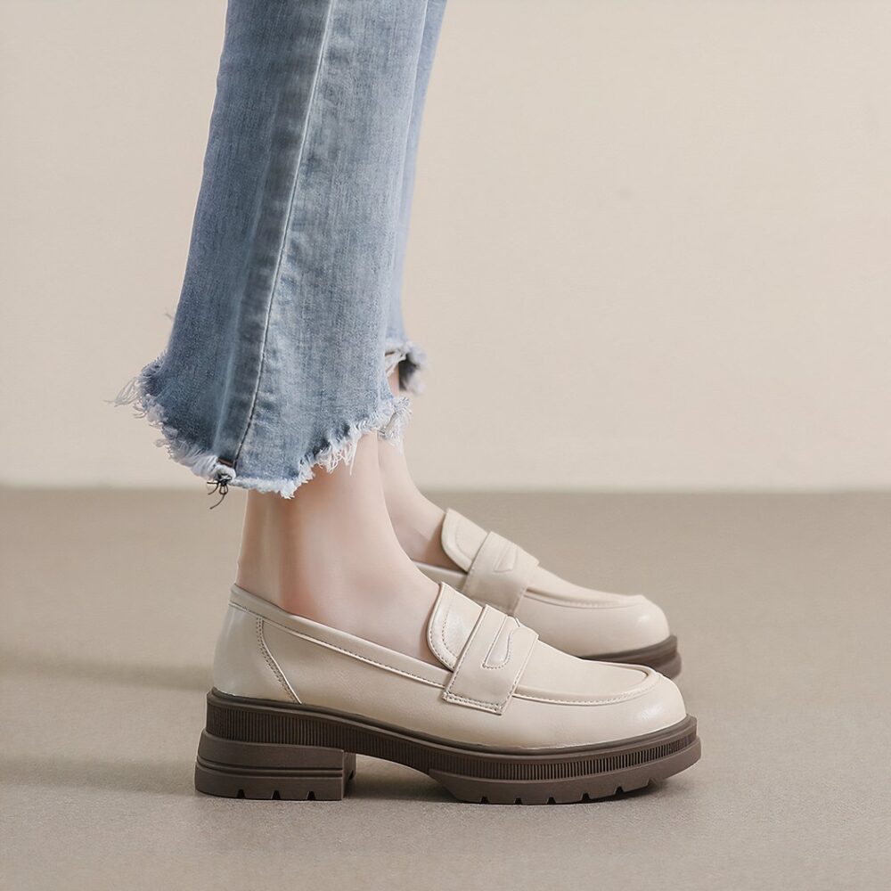 Beige Leather platform loafers for women - Image 2