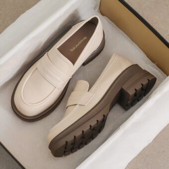 Women's beige leather platform loafers with shoe box bottom