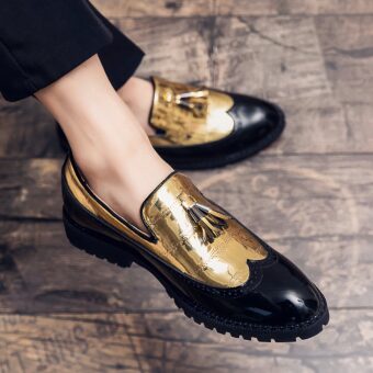 Men's thick-soled gold tassel loafers with wooden bottom