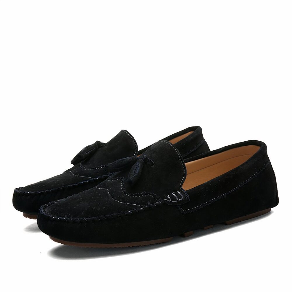 Men's black suede summer loafers with white background