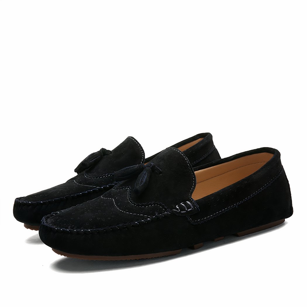 Men's black suede summer loafers with white background