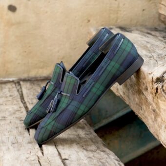 Men's blue and green check tassel loafers with wooden bottom