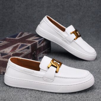 Men's classic white vegan leather loafers with grey background and England flag box
