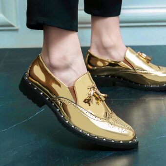 Elegant golden loafers for men with black checkered bottom