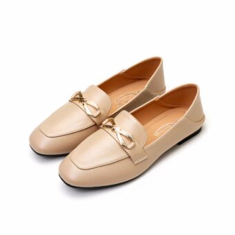 Elegant leather loafers adorned with a gold bow tie for beige women with a white background