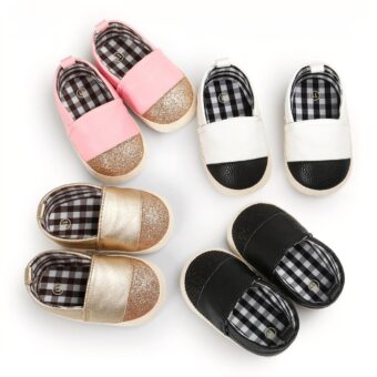 Four pairs of bright two-tone baby moccasins in pink, white, gold and black