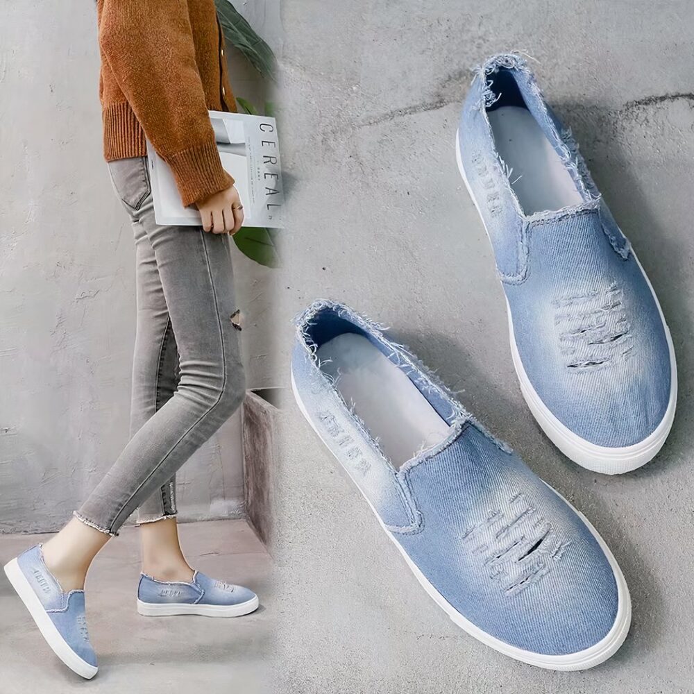 Light washed and ripped denim loafers for women - Image 4