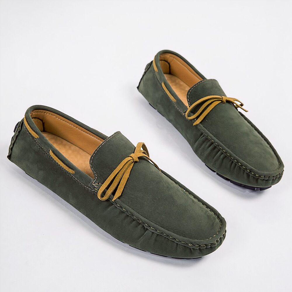 Men's lightweight synthetic suede loafers in green with white background