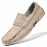 Men's casual beige suede loafers with white background