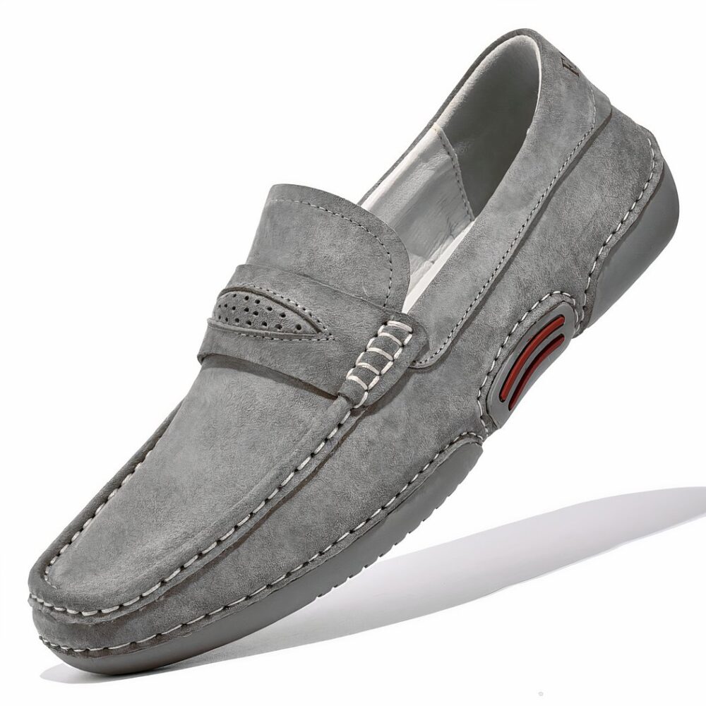 Men's casual grey suede loafers with white background