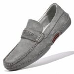 Men's casual grey suede loafers with white background