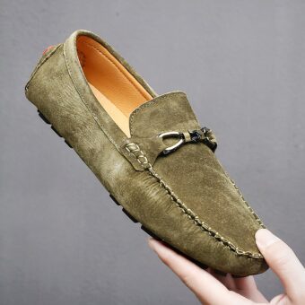 Men's casual slip-on synthetic suede loafers in green with grey background