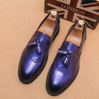 Men's metallic purple tassel loafers with brown background and flag lettering london