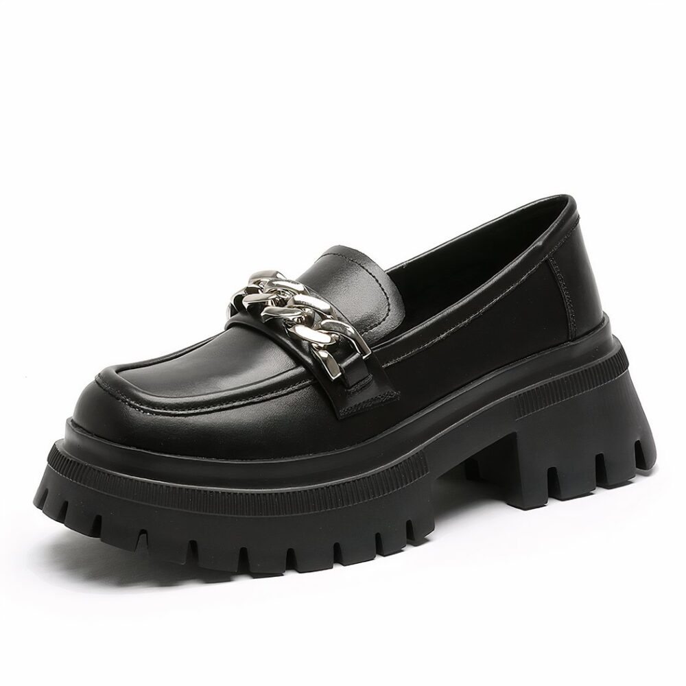 Platform loafers with silver chain for women with white background