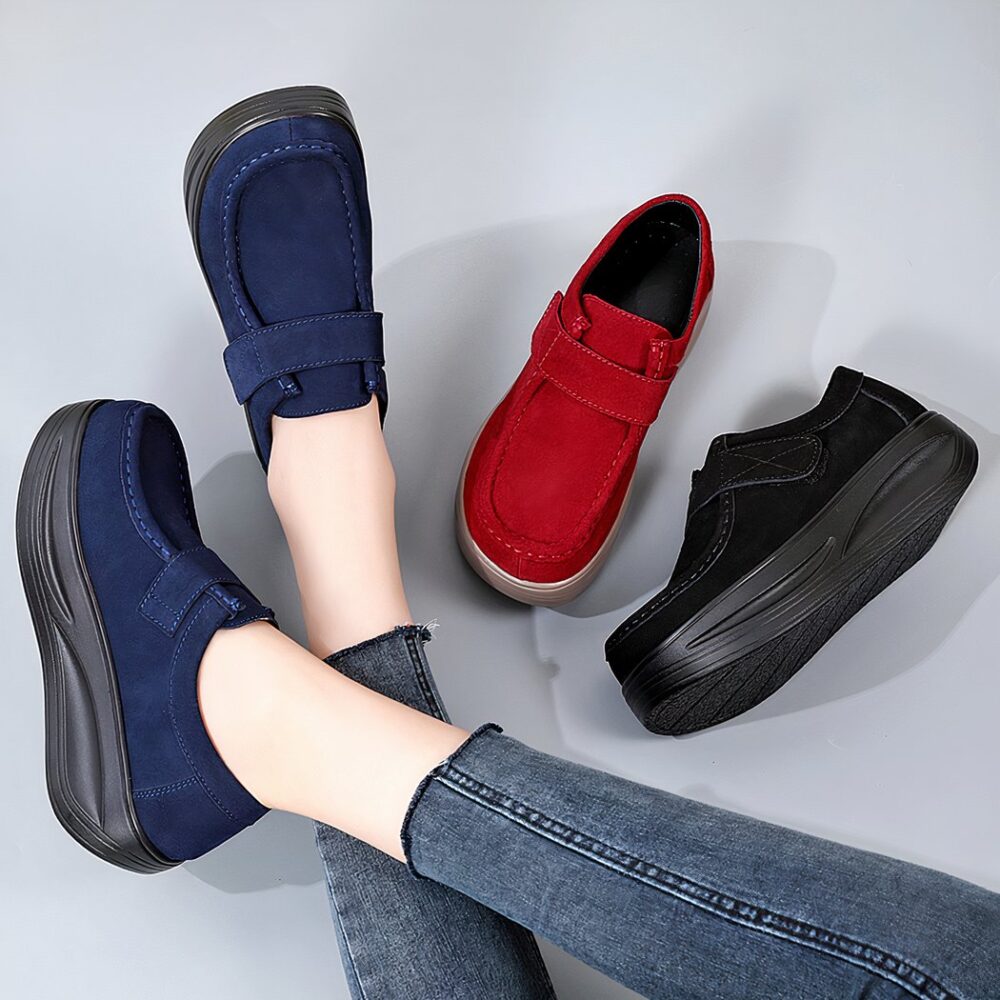 Suede-effect wedge loafers with velcro fastening for women - Image 6