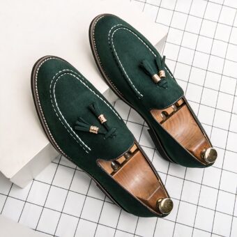 Suede tassel loafers in several colors for men with a black check background