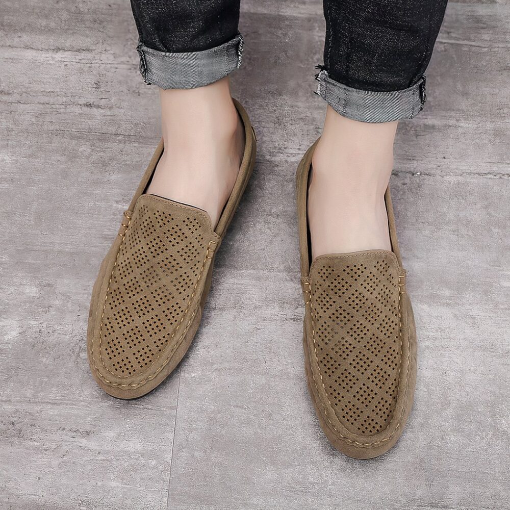 Synthetic suede loafers in an original design for men with a wooden bottom