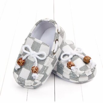 Pair of white check moccasins, with lace and two decorative pearls