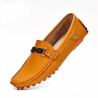 Camel loafer with gold buckle on white background