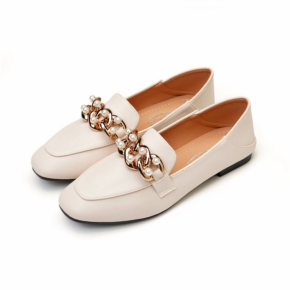 Women's classic flat leather loafers in white with white background