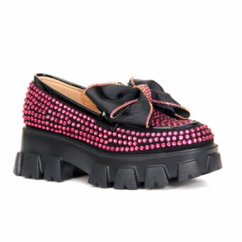 Women's pink rhinestone butterfly platform loafers with white background