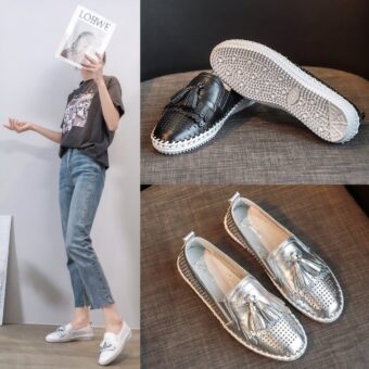 3 images: a woman standing on the left wearing jeans and a t-shirt, second image: silver loafers on a grey sofa, third image: black loafers on a sofa