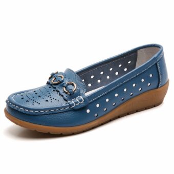 Openwork wedge loafer in blue on a white background