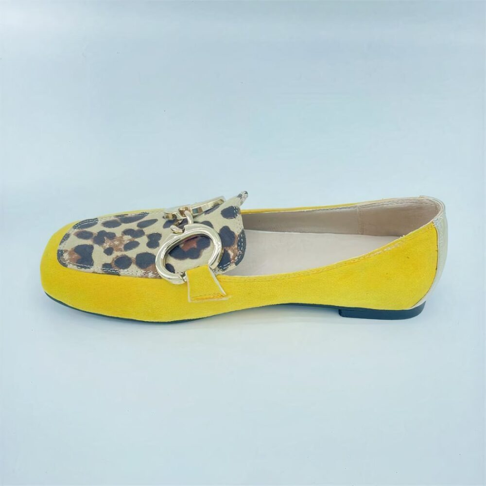 Yellow flat moccasins with leopard print and gold buckle for women - Image 4