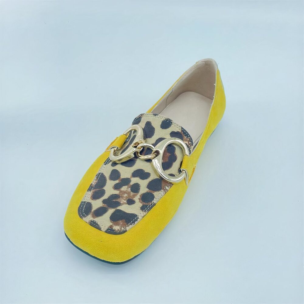 Yellow flat moccasins with leopard print and gold buckle for women - Image 3