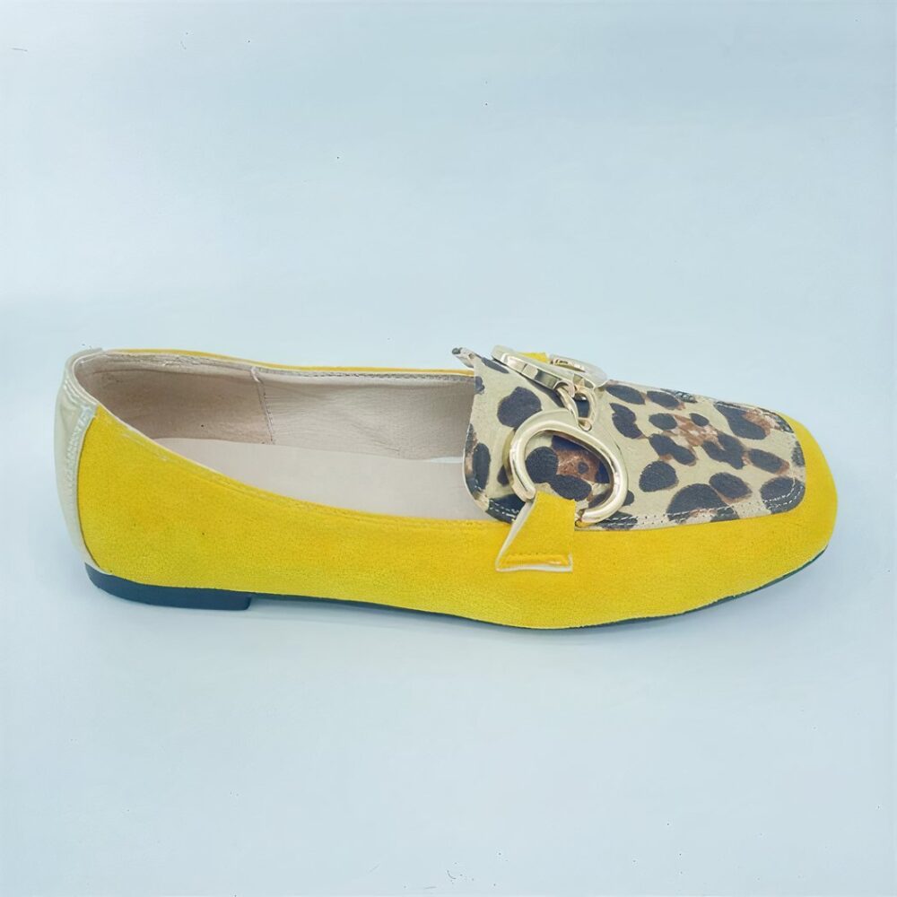 Yellow flat moccasins with leopard print and gold buckle for women - Image 2