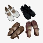 4 pairs of Tabi style Mary Jane ballerina loafers on a white background