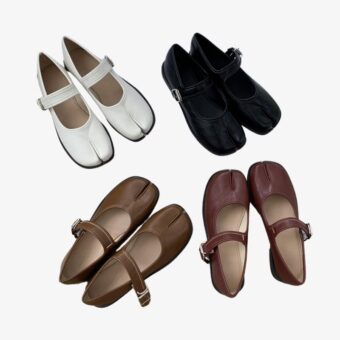 4 pairs of Tabi style Mary Jane ballerina loafers on a white background